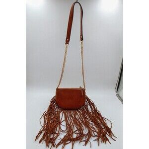 Aldo Brown Fringed Crossbody Bag Zippered Chain Faux Leather 8 Inch Boho